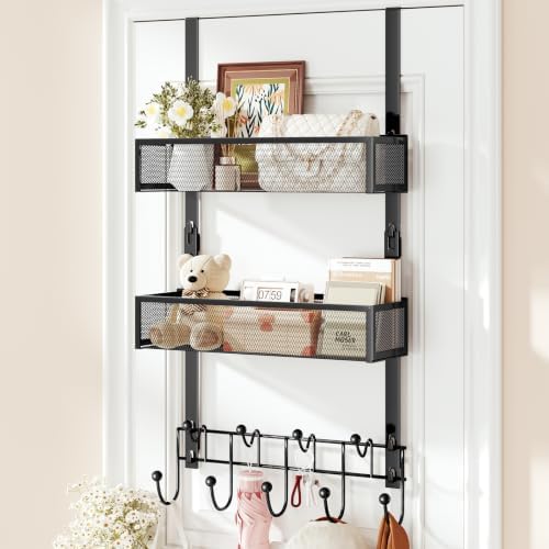 HapiRm Over the Door Hanger with Coat Hooks and 2 Baskets, Rustproof & Waterproof Over the Door Hooks, Storage Organizer for Hats, Bathroom, Kitchen, Bedroom, RV, Camper-Black (for 1.76in Doors) by HapiRm