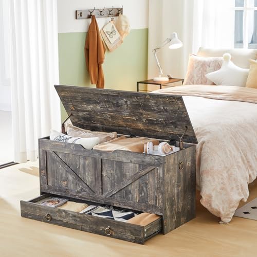 HOOBRO Storage Chest, 39.3" Toy Chest with Drawer, Wooden Storage Bench, Sturdy Entryway Bench Supports 330 lb, Shoe Bench, Safety Hinge, U-Shaped Opening, Easy Assembly, Vintage Gray VP710CW01G2 - Image 2