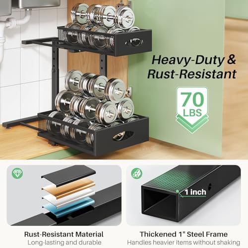 Under Sink Organizer, 1-Pack Pull Out Cabinet Organizer 2 Tier Metal Slide Out Storage Shelf Rack, L-Shaped Adjustable Height,Mesh Sliding Drawer for Kitchen, Bathroom, Laundry, Pantry, Black, XL - Image 6