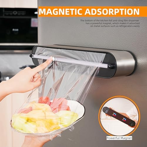 Aluminum Foil & Plastic Wrap Dispenser with Cutter - Magnetic & No-Drill Wall Mount, Stainless Steel Design, Space-Saving Kitchen organizer for Countertops & Cabinets - Fits 12" Rolls, Silver - Image 3