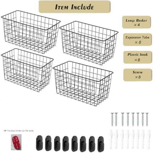 4 Pack【Extra Large】Hanging Kitchen Basket,Wire Storage Basket,with Traceless Tape and 3M High-Strength Plastic Hooks,no Drilling,for Cabinet Storage,Kitchen,Bathroom,Storage Room,large capacity - Image 3