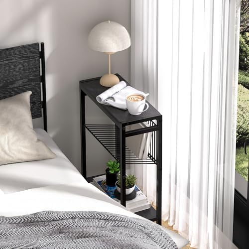 End Table for Small Space, 3-Tier Narrow Side Table with Magazine Holder, Nightstand, Skinny Snack Couch Table in Living Room, Bedroom Study and Balcony (Black) - Image 2