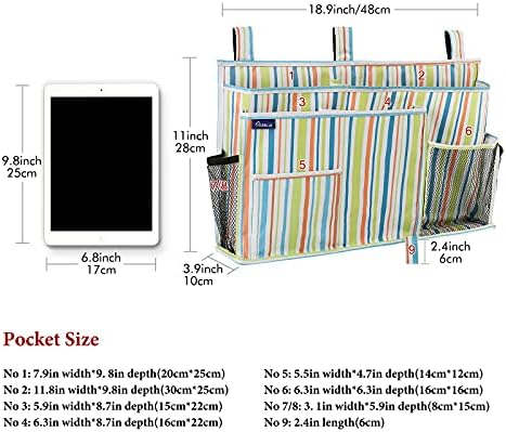 Surblue Bedside Caddy Hanging Bed Organizer Storage Bag Pocket for Bunk and Hospital Beds, College Dorm Rooms Baby Bed Rails, Camp 8 Pockets, (Large, Green Stripe) - Image 5