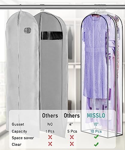 MISSLO 10" Gusseted All Clear Garment Bags for Hanging Clothes 60" Dress Bags for Gowns Long Fur Coat Closet Storage Covers, 3 Packs - Image 3