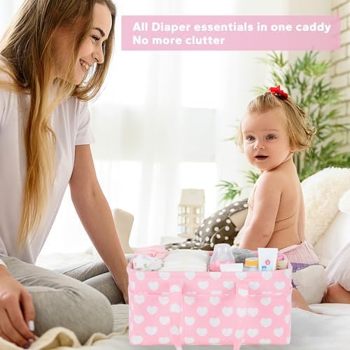 Diaper Caddy Organizer for Baby Girl-Nursery Storage Bin-Portable Car Organizer for Diapers and Baby Wipes- Baby Shower Registry Basket Newborn Must Have Tote Caddy Bag（Pink Heart） - Image 2