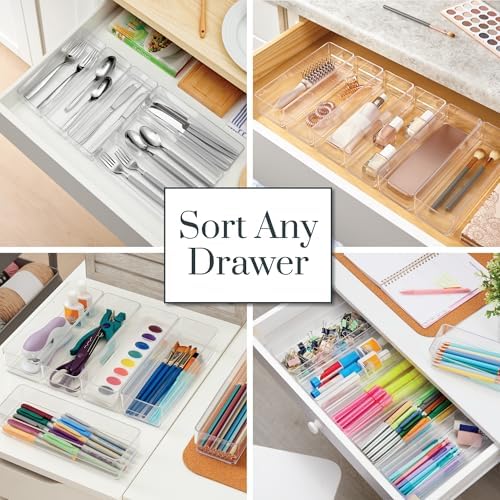 STORi SimpleSort 6-Piece Stackable Clear Drawer Organizer Set | 9" x 3" x 2" Rectangle Trays | Narrow Makeup Vanity Storage Bins and Office Desk Drawer Dividers | Made in USA - Image 4