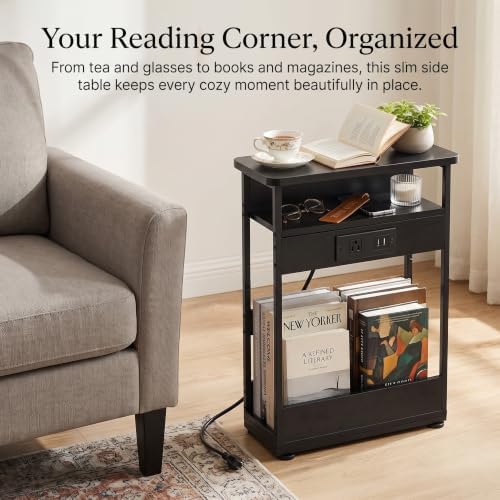 Narrow Side Table with Charging Station Small Spaces Narrow End Table - Image 5