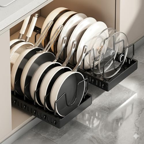 pots and pans organizer under cabinet,pot lid organizers inside cabinet holders for kitchen,Horizontal and vertical pulling modes,cast iron storage ((2pcs) Black vertical) - Image 2