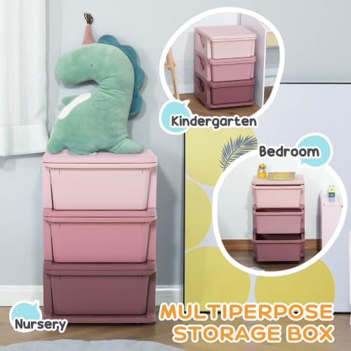 Qaba 3 Drawers Kids Storage Unit 3 Tier Toy Organizers Pink - Image 6