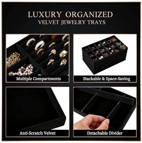 8 Pcs Jewelry Drawer Organizers, Velvet Jewelry Trays for Drawer, Stackable Jewelry Trays, Ideal for Rings, Earrings, Bracelets, Necklaces, Black - Image 4