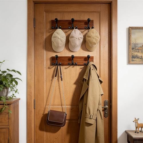WEBI Coat Rack Wall Mount,17" Solid Wood Coat Hooks Wall Mounted Coat Hanger,16" Hole to Hole,Heavy Duty 3 Triple Hooks for Hanging Coats,Jacket,Hat,Backpack,Farmhouse,Reddish Brown - Image 4
