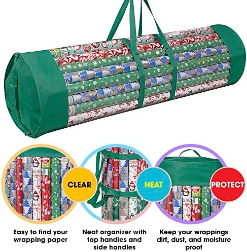 ProPik Wrapping Paper Organizer Storage Bag for All Your Gift Wrap & Ribbons, Fits Long 40 Inch Rolls, Hold Up To 24 Rolls, Heavy Duty Clear PVC Bag with Handles (Green & Clear) - Image 3