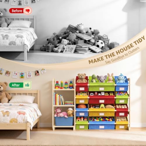 Toy Storage Organizer with 3 Shelves and 12 Bins, Bookshelf/Bookcase, Kids Bin Shelf, Toys Box for Playroom Organization for Bedroom & Room, 47.4" W (Four-color) - Image 4