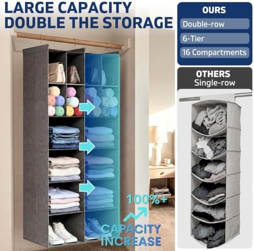 6 Tier Hanging Closet Organizer, 16 Compartments Dual Row Storage, Grey - Image 3