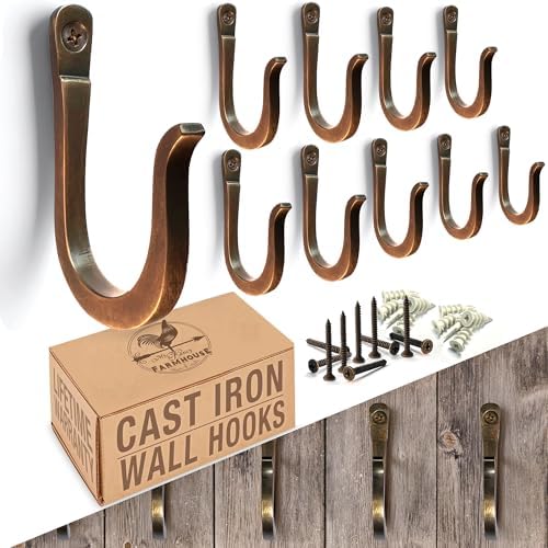 Antique Bronze Railroad Spike Cast Iron Hooks (10 Pack) Handmade Blacksmith, Wall Mounted Decorative Hooks, PowderCoated for Interior or Exterior Use, Rust Proof for Hanging Coats, Bags or Pots by MyFancyFarmhouse
