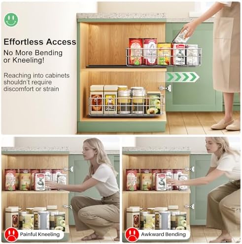 Pull out Cabinet Organizer, Stainless Steel 1-Pack (9.8"W x 16.5"D) Full-Extension Slide out Drawer, Adhesive Roll out Can Spice Storage Basket Shelf Rack for Pantry, Kitchen, Bathroom, Home Closet - Image 6