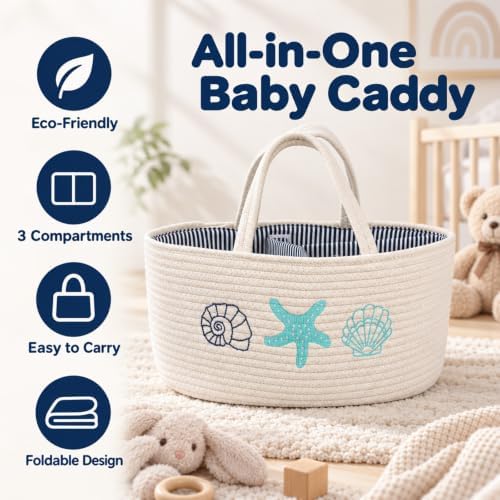 Sea Embroidered Baby Diaper Caddy Organizer, Cotton Woven Rope, Portable Nursery Storage Basket with Changeable Compartments - Image 2