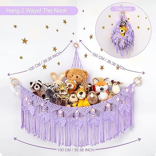Macrame Stuffed Animal Storage with Star Light, Corner Hammock for Nursery - Image 4