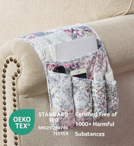 Brilliant Sunshine Blue & Pink Rose Toile Couch Armrest Organizer, 35"×13" - Image 2