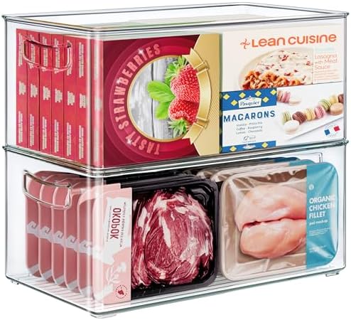 Heyuzb 2 Pack Clear Freezer Organizer Bins Stackable Storage Bins with Side Handles for Kitchen Pantry Cabinet Organzation and Storage by HEYUZB