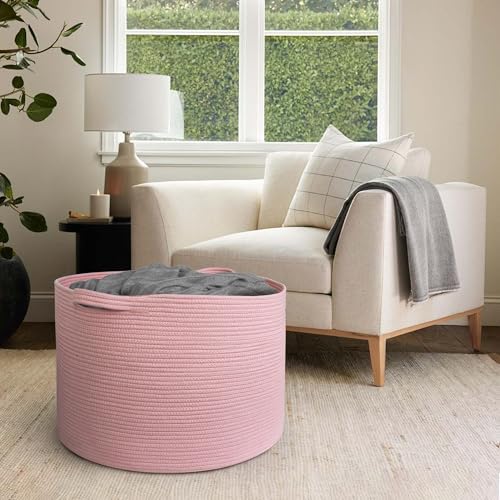 MEGASKET 115L Oversized Pink Basket, 23.6"x15.7" Woven Cotton Rope Bin with Handles, XXXL Blanket Storage for Living Room, Kids Toy Storage Bin Box, Baby Laundry Basket for Organizing, Pink Room Decor - Image 4