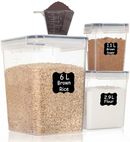 Shazo Flour Sugar Storage Containers Set of 3 (6L, 2.9L, 1.1L) Large Airtight Food Storage Containers with Lids, BPA-Free Plastic Container for Kitchen & Pantry Organizers, Cereal, Rice & Pasta by Shazo