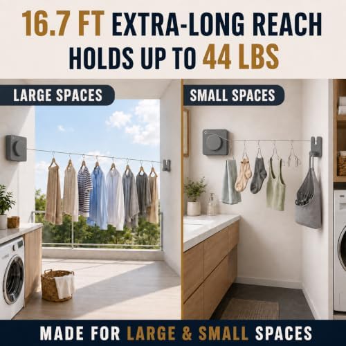 Retractable Clothesline Indoor & Outdoo, Non-Sagging Heavy-Duty Stainless Steel Clothes Line for Apartments, Bathrooms, Balconies, Space-Saving 16.7Ft Laundry Line (Grey, Single Line) - Image 4