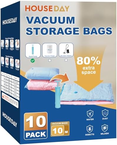 HOUSE DAY 10 Medium Vacuum Storage Bags with Pump,Space Saving Vacuum Seal Bags For Clothing Travel,Vacuum Storage Bags For Clothes, Bedding, Moving, Camping, Toys, Travel & Organization, Hand Pump by HOUSEDAY
