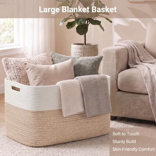 75L Blanket Basket, Large Cotton Rope Woven Storage Basket with Handles for Blankets, Pillows, Toys and Clothes, Rectangle Laundry Hamper for Living Room, Nursery, Brown/White, 22x17x12 inch - Image 3