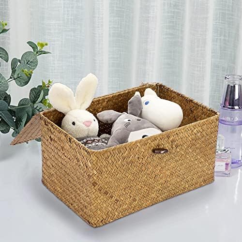 Hipiwe Small Woven Shelf Baskets Bin with Lid Seagrass Wicker Storage Box - Image 5