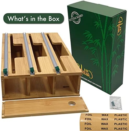 HELIA Bamboo Kitchen Wrap Organizer | Wall Mounting Solid Bamboo Foil and Plastic Wrap Dispenser with Sliding Cutters | Aluminum Foil and Plastic Wrap Dispenser with Cutter - Image 3