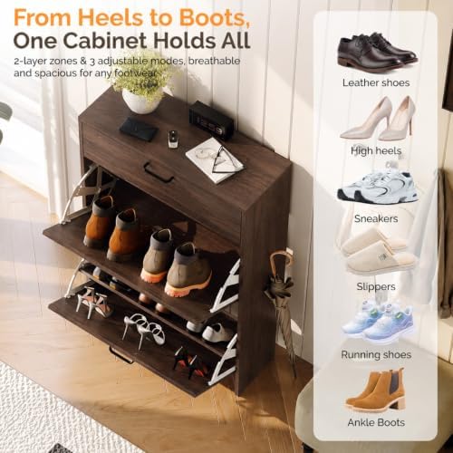 VINGLI Shoe Cabinet Storage for Entryway,Walnut Narrow Wood Shoe Rack,25" W - Image 3
