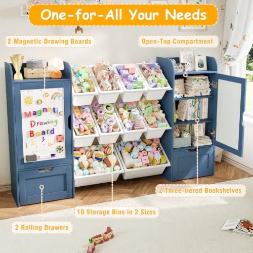 66" W 5-in-1 Kids Bookshelf and Toy Storage with Magnetic Drawing Boards - Image 3