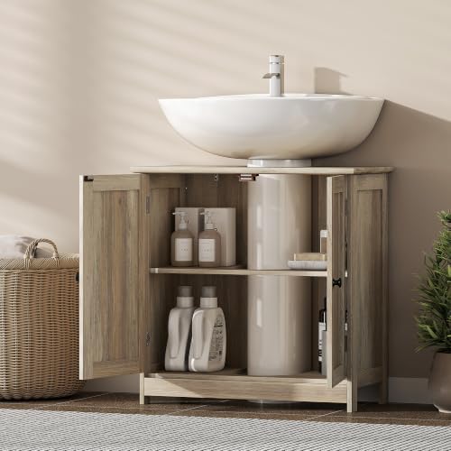 HOMCOM Under Sink Bathroom Cabinet with 2 Doors, Shelf, U-Shape, Oak - Image 7