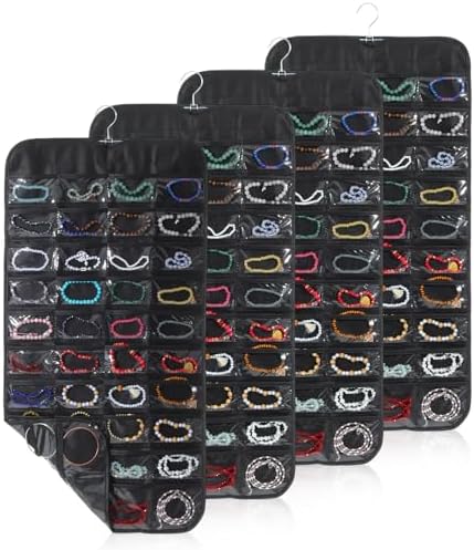 4 Pack Black Hanging Jewelry Storage with 80 Pockets, Double-Sided Closet Jewelry Organizer Hanging for Earrings, Necklaces, Rings, Bracelets by HOFURME