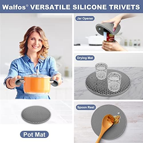 Silicone Trivet Mats - Walfos Heat Resistant Pot Holders Set, 4pcs 2 Sizes 7 Inch & 9 Inch, Multipurpose Non-Slip Hot Pads for Hot Pot, Hot Dishers, Jar Opener, Food Grade & BPA Free (Nordic Grey) - Image 4
