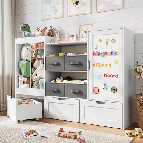61" W Kids Toy Storage Organizer with Stuffed Animal Storage, 3 Movable Storage Drawers, 4 Removable Storage Bins, Wooden Bookshelf with Magnetic Drawing Board for Kids Room & Playroom, White by VortinT