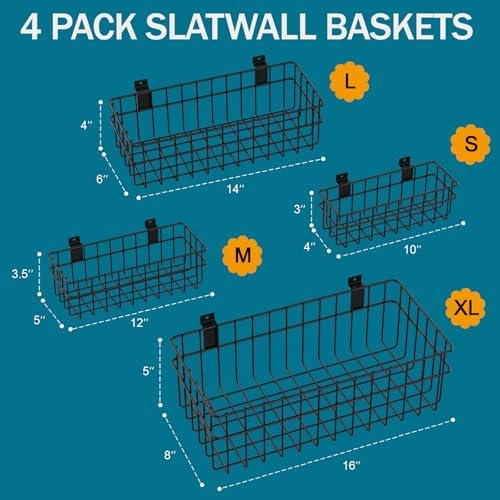 4 Pack Large Size Slatwall Baskets Set, Ventilated Metal Hanging Storage Slat Wall Basket, Mounted Slatwall Accessories for Garage Storage Organizing Display on Slatwall Panels bins (Black) - Image 2