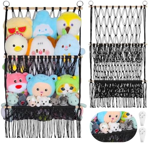 2 Tier Stuffed Animal Storage Net, Large Boho Stuffy Plushies Storage,Black by iHansee