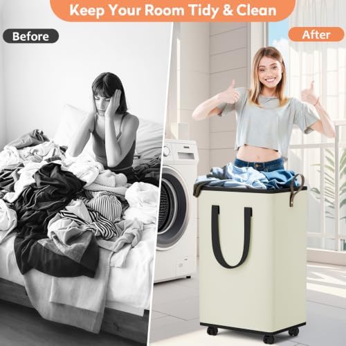 SpaceTrove Rolling Laundry Basket with Wheels, Laundry Hamper, 100L, Cream - Image 4
