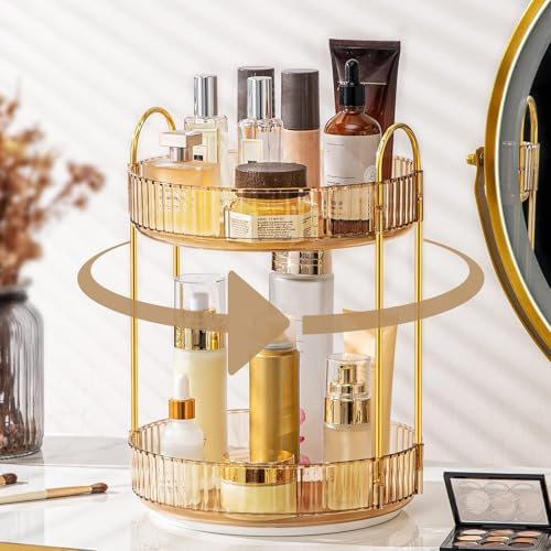 360 Rotating Makeup Organizer for Vanity, Bathroom Countertop Spinning Perfume Organizer, High-Capacity Cosmetic and Skincare Dresser Make Up Holder Rack (2 Tiers, Yellow) by Weidace