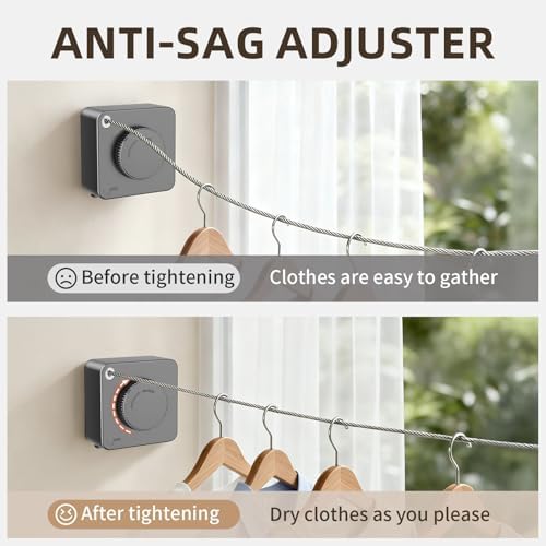 Anti-Sag Retractable Clothesline 40LB Capacity - 165in Stainless Steel Laundry Line for Indoor Outdoor, Wall Mounted Space Saving Easy Install (Gray, Single line) - Image 4