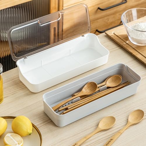 Plastic Kitchen Drawer Organizer with Lid and Drainer Stackable Utensil Holder for Countertop Silverware Tray Flatware Organizers - 13x4.7x2.4 Inch Spatula Cutlery Storage Box - Image 2