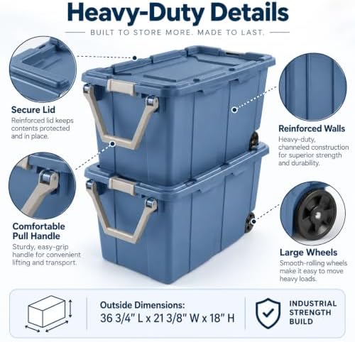 2-Pack 40 Gal Wheeled Storage Bins, Latching Lid & Pull Handle, Blue - Image 7