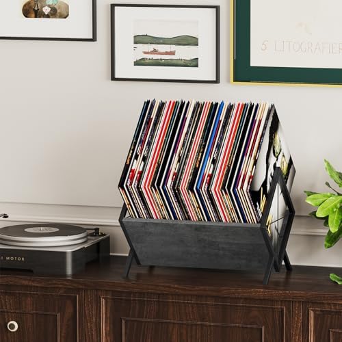 YINMIT Vinyl Record Holder, 80-100 LP Vinyl Record Storage Rack, Quick Assembly Vinyl Record Display, Retro Style Organizer for Magazine, Book, Files, Albums (Grey, 1 Tier) - Image 6