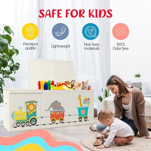 Extra Large Collapsible Sturdy Toy Storage Organizer with Lids, Animal Train Toy Box for Boys Girls, 40"x16"x16", Modern, Beige - Image 3