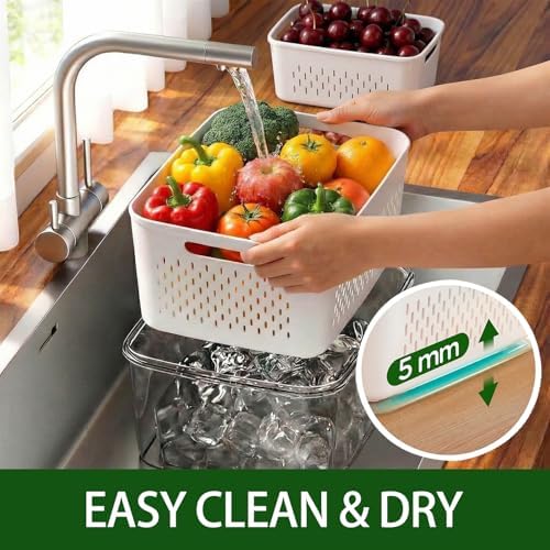 4 Pack Fruit Storage Containers for Fridge with Removable Colanders，4 in 1 Produce Storage Containers with Lids, Leakproof Fridge Organizer Bins for Salad Berry Lettuce Vegetables Meat Keeper Fresh - Image 2