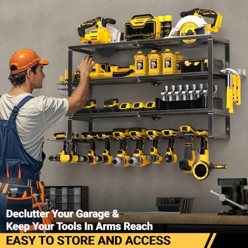 YYR Large Power Tool Organizer Wall Mount, Heavy Duty Metal Cordless Drill Storage Rack with Battery Charging Station Shelf, Utility Racks for Garage Organization, 4 Layer 10 Drills Holder Extra Tall - Image 3