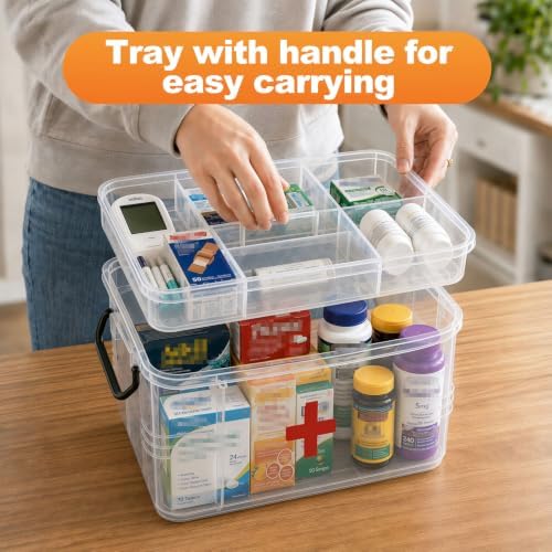 15QT Clear Medicine Organizer Box with Handle, Plastic Dorm Medicine Box with Tray, Empty First Aid Boxes, Thickened Medicine Storage Organizer, Multipurpose Medication Organizer Storage, Clear - Image 4