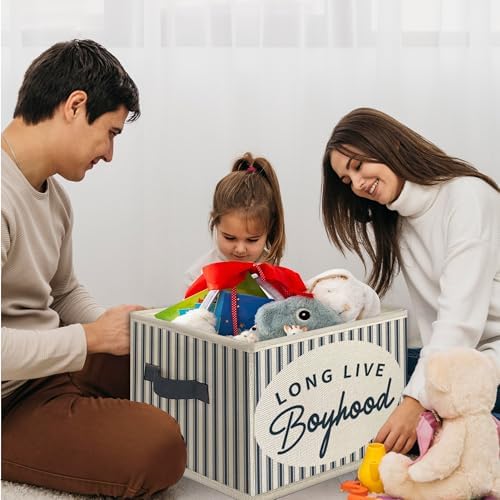 Boys Room Foldable Storage Bins Box with Handles, Long Live Boyhood Retro Blue Striped Collapsible Toys Books Clothes Organizer Basket for Kids Boys Nursery Room Playroom Bedroom Bathroom - Image 4